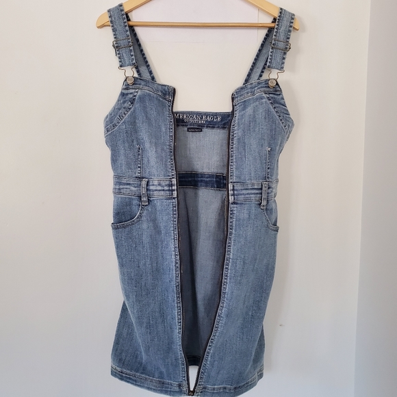 AMERICAN EAGLE Sz 6 Blue Denim Jean Overall Mini Dress Front Zip Straps Stretch - Picture 8 of 14